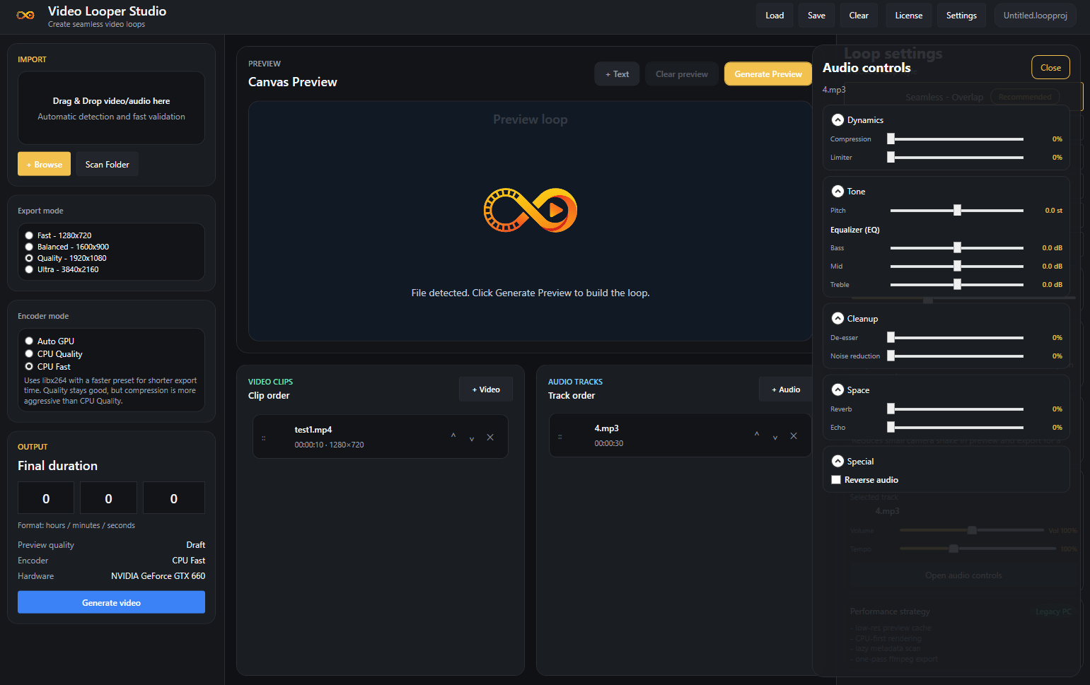 Video Looper Studio audio controls screenshot