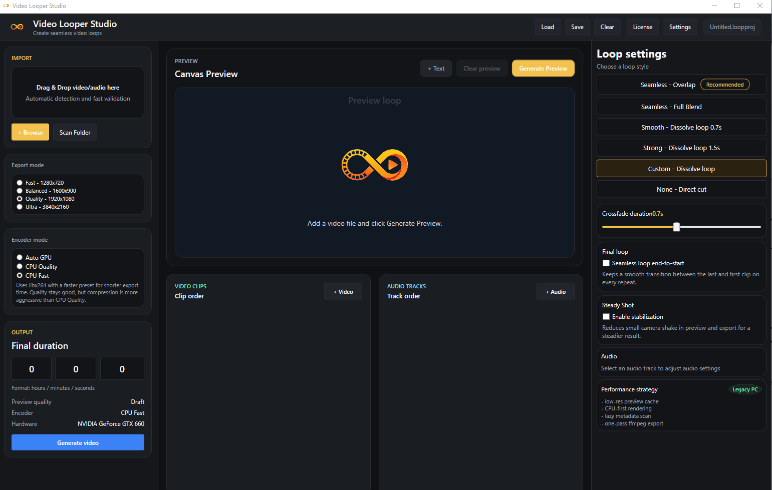 Video Looper Studio main workflow screenshot