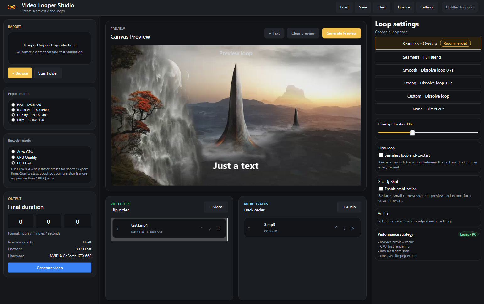Video Looper Studio text overlay screenshot